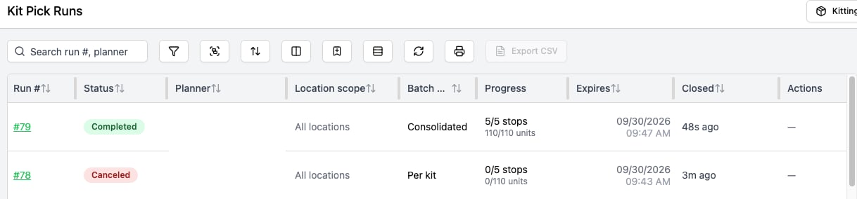 Kit Pick Runs table listing a Completed consolidated run and a Canceled per-kit run, with their location scope, batch mode, progress, expiry, and closed time