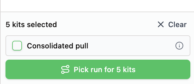 Foot of the kit request queue reading 5 kits selected, with a Consolidated pull checkbox and a Pick run for 5 kits button