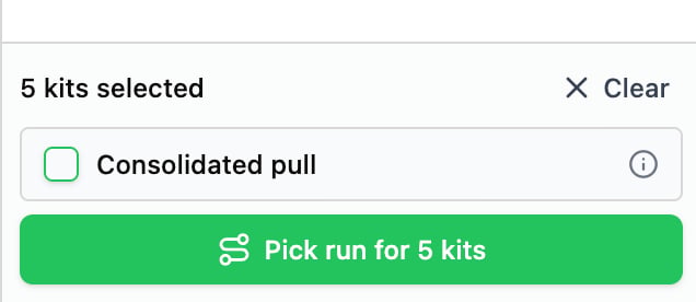 Foot of the kit request queue reading 5 kits selected, with a Consolidated pull checkbox and a Pick run for 5 kits button