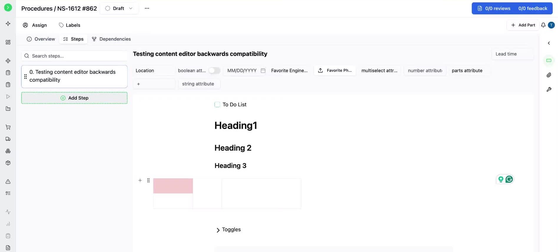 Content step showing a checkbox to-do list, formatted headings, a table with a colored cell, a toggle, and a code block
