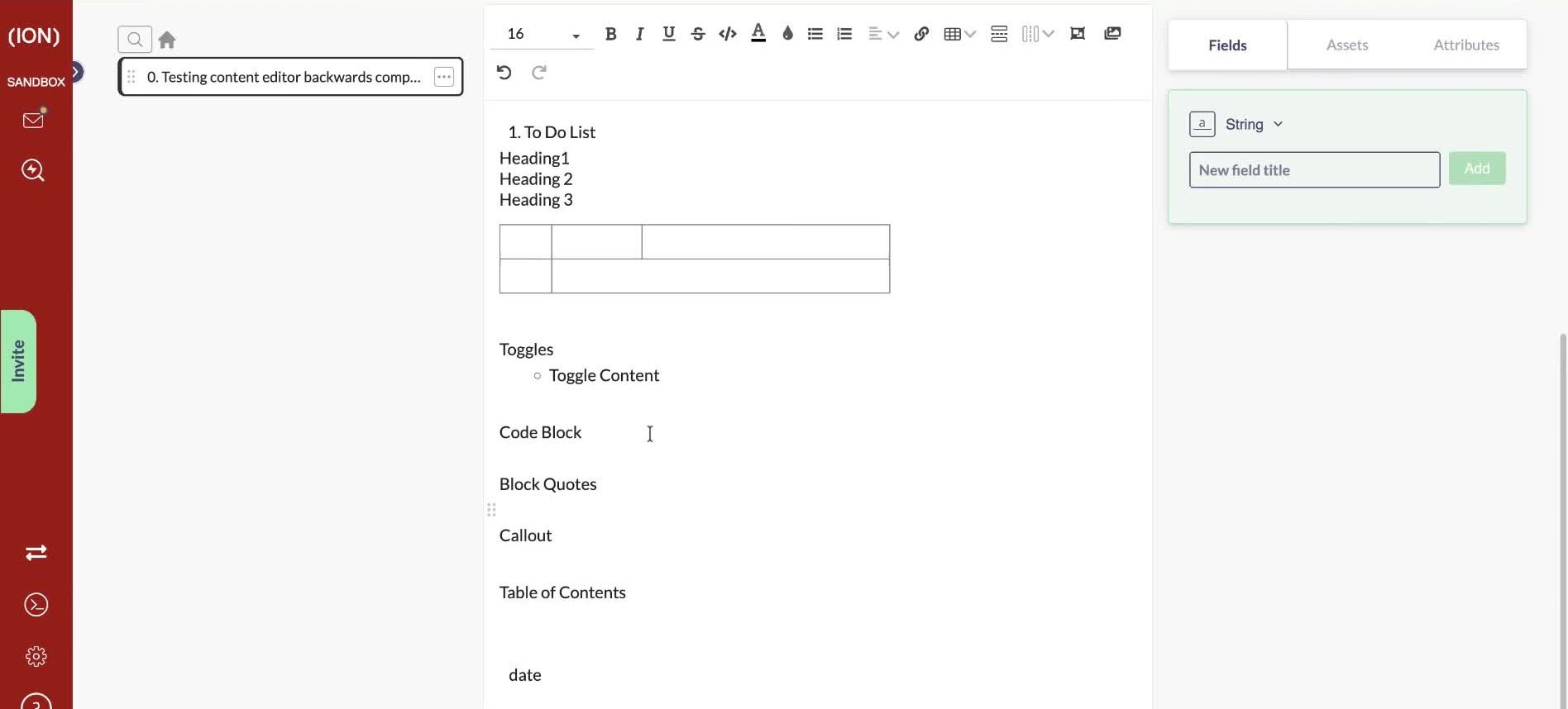 Same content step in Old ION where the to-do list is a plain numbered item, the table and toggle lose formatting, and other blocks show as plain text