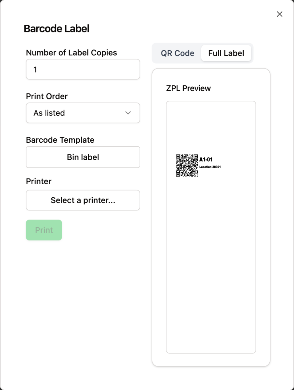 Barcode Label dialog with Number of Label Copies 1, Print Order As listed, template Bin label, and a Full Label preview of A1-01