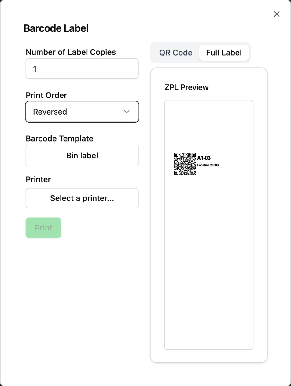 Barcode Label dialog with Print Order Reversed and a Full Label preview of A1-03