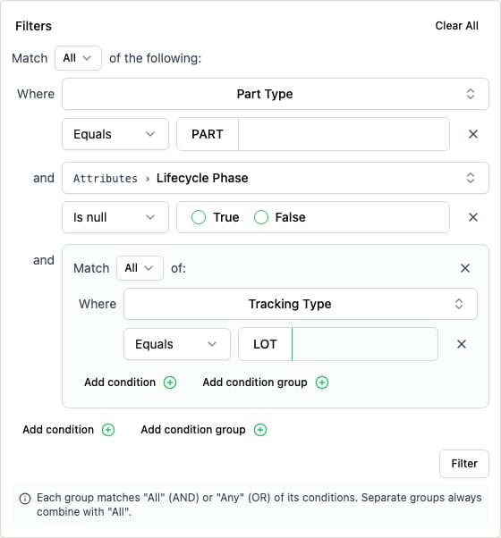 Filter panel titled Filters with Clear All, a Match All of the following control, a Part Type Equals PART condition, an Attributes Lifecycle Phase Is null condition with True and False options, a nested condition group with its own Match All control containing Tracking Type Equals LOT, Add condition and Add condition group buttons, and a Filter button