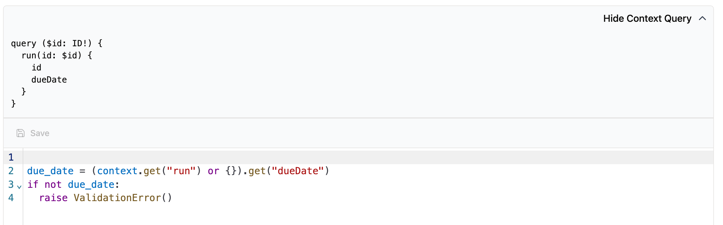 ION Action 535 configuration: on create runs, selects dueDate in context and ensures it is filled out.