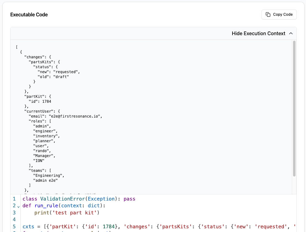 Execution log page with the execution context expanded as formatted JSON.