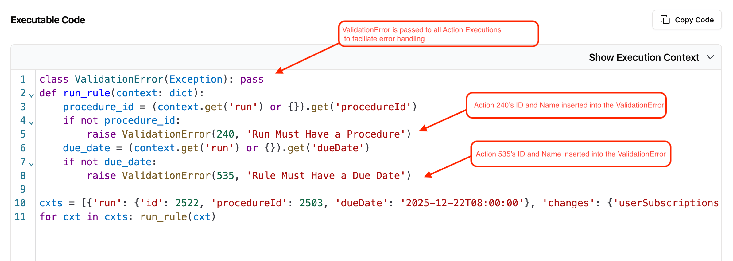 Execution log code for creating a run with actions 535 and 240 squashed together.