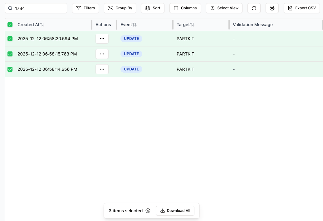 Selected execution log rows with the bottom action bar to download a Zip of Python files.