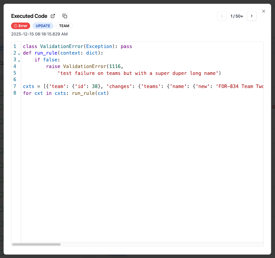 Quick View dialog showing an execution's code, timestamp, and metadata.