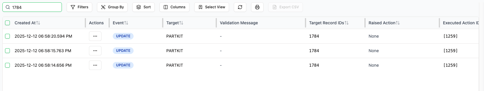 Execution logs table with the search bar above it.