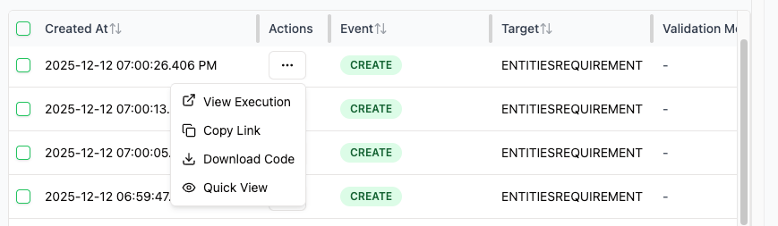 Actions column menu showing View Execution, Copy Link, Download Code, and Quick View.