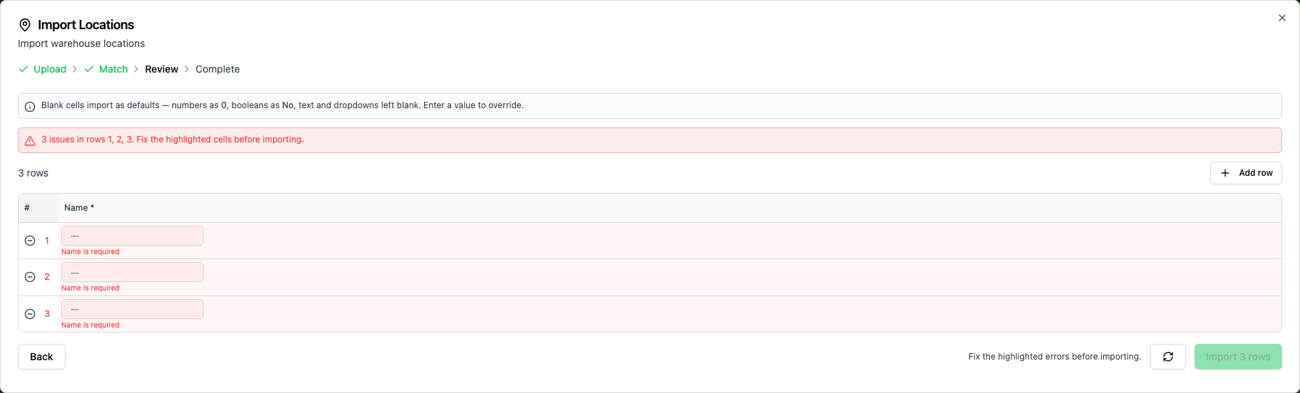 Import wizard Review step showing an editable grid with three rows flagged Name is required and a banner reading 3 issues in rows 1, 2, 3