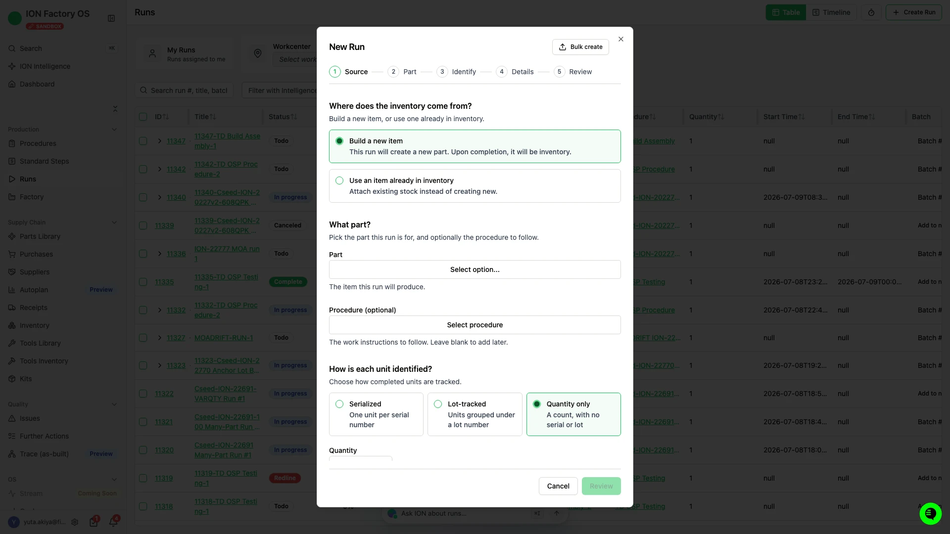 New Run wizard showing the Source, Part, Identify, Details, and Review stepper, with the Source step asking where the inventory comes from and the Part fields below.