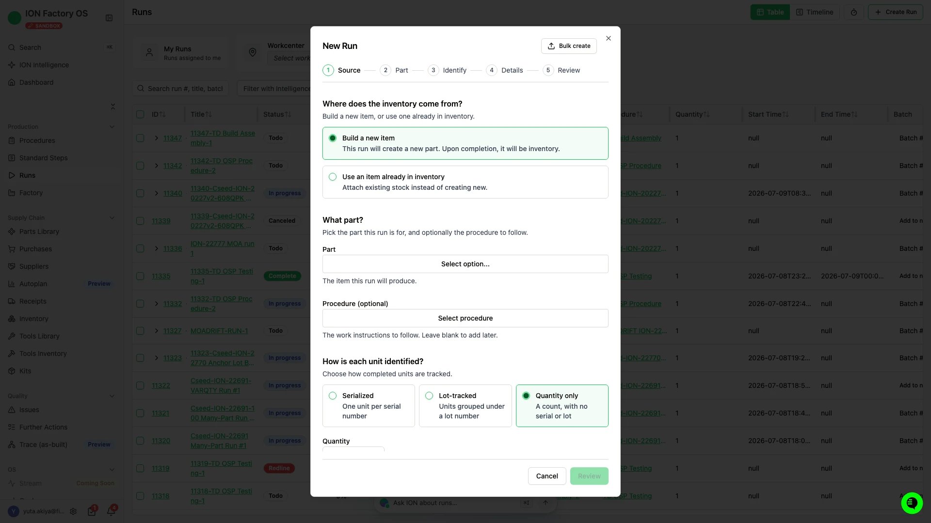 New Run wizard showing the Source, Part, Identify, Details, and Review stepper, with the Source step asking where the inventory comes from and the Part fields below.