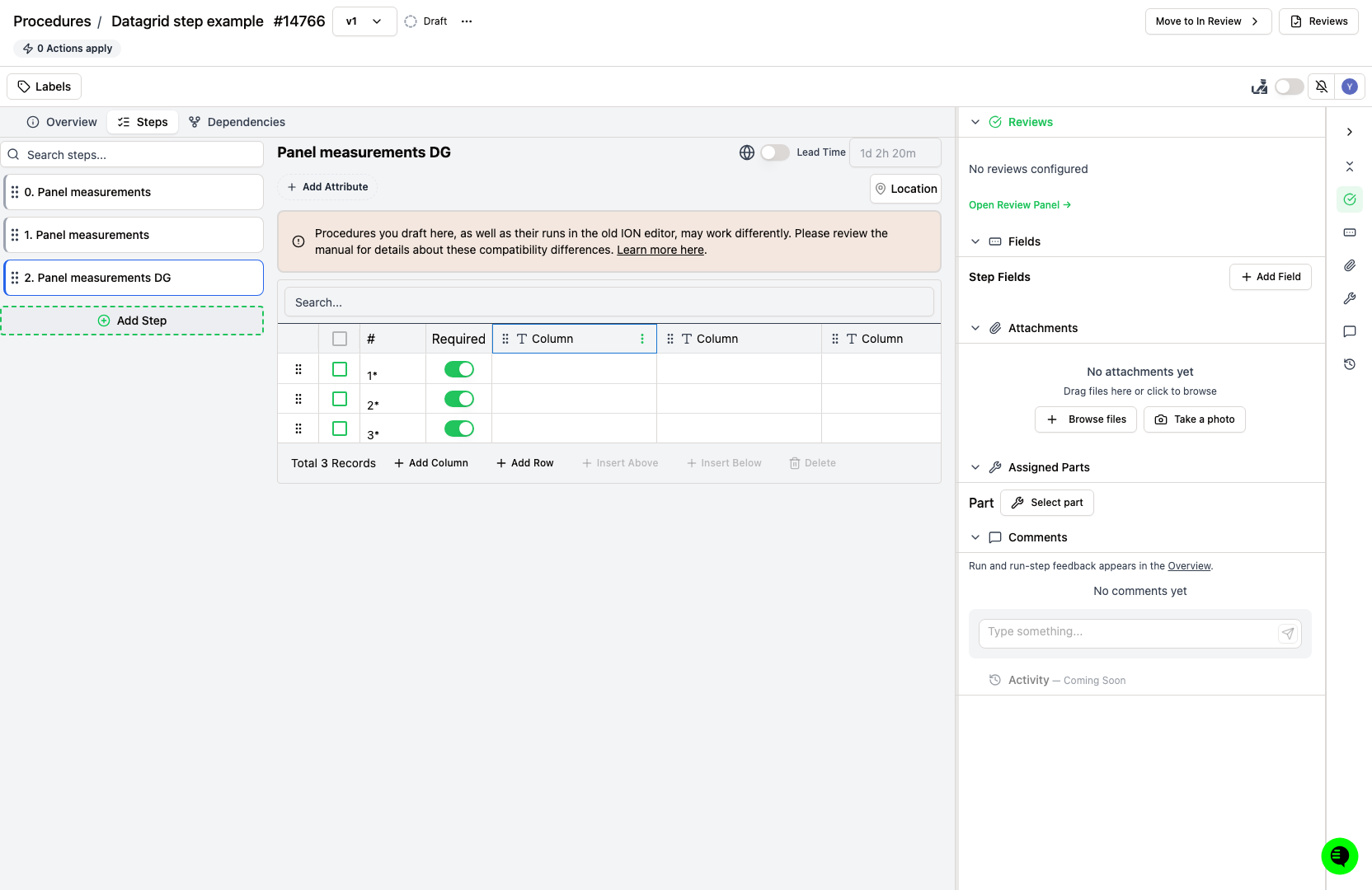 Datagrid step editor showing columns with data-type icons, three rows with Required toggles, and the Add Column and Add Row controls