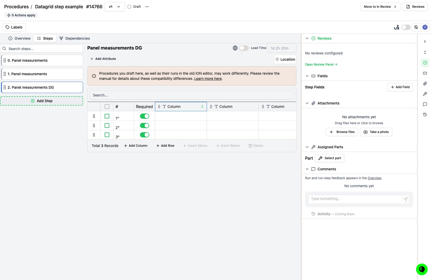 Datagrid step editor showing columns with data-type icons, three rows with Required toggles, and the Add Column and Add Row controls