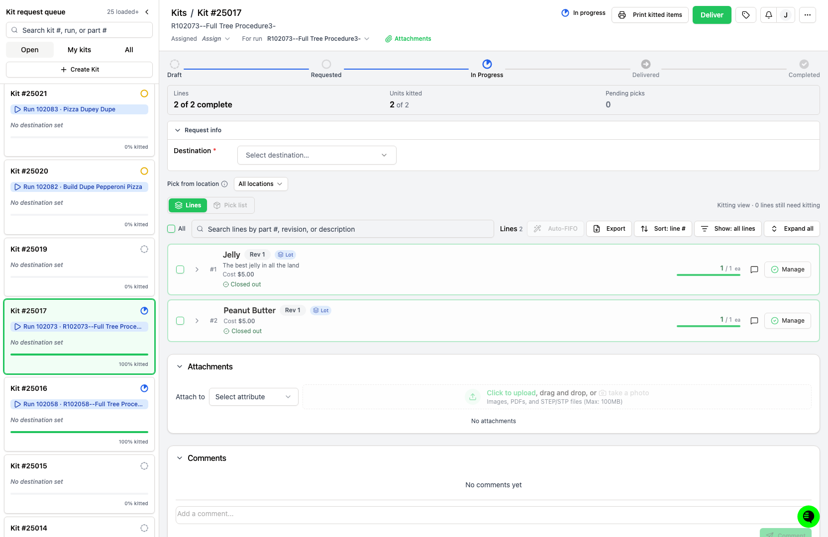 Kitting page showing the kit request queue on the left and a selected In Progress kit with Request info, Pick from location, the Lines and Pick list toggle, and kit line items