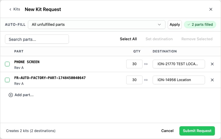 New Kit Request dialog with two auto-filled parts, each assigned a destination, and a footer reading Creates 2 kits (2 destinations)