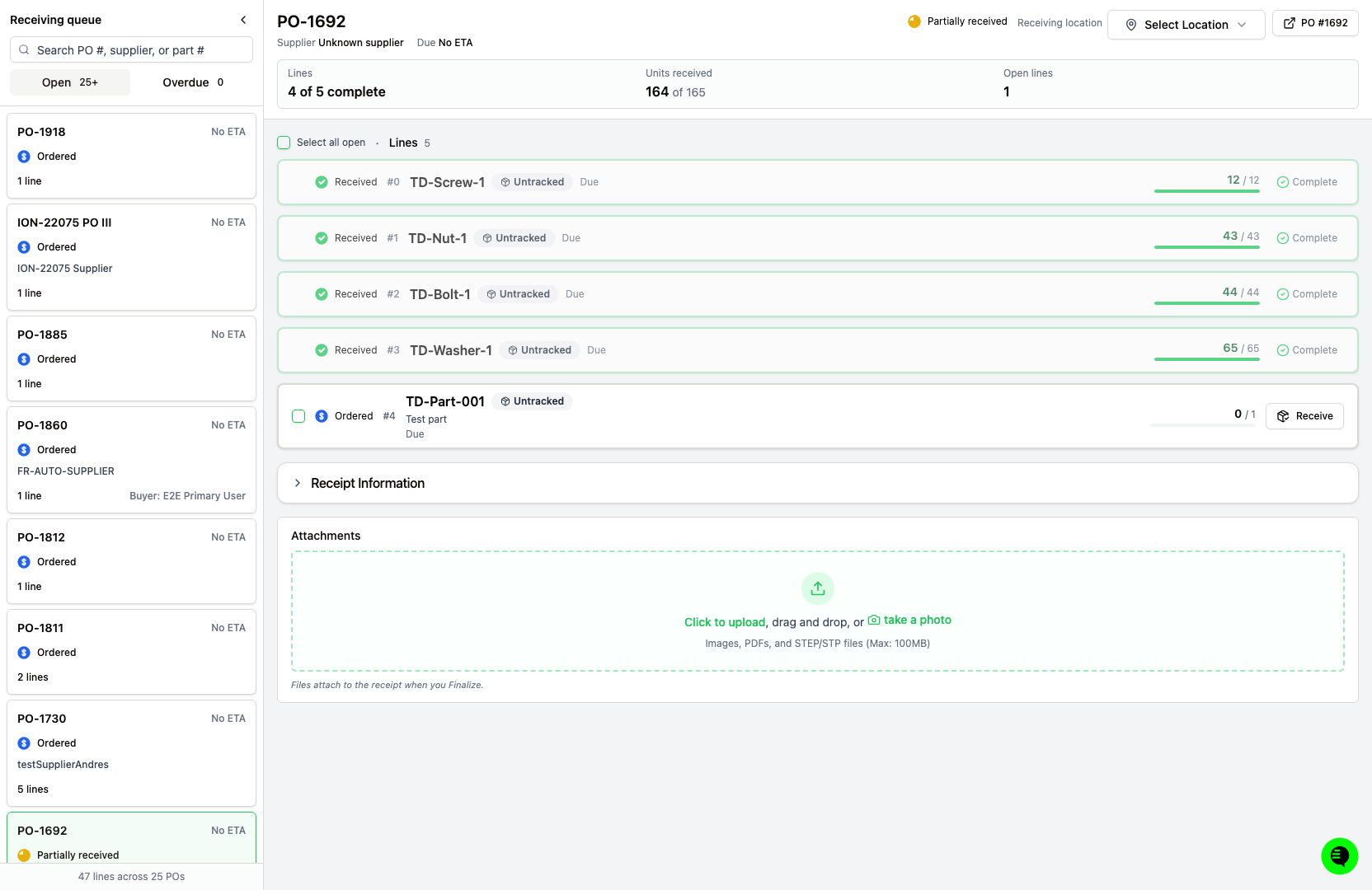 Receiving page showing the receivable purchase order queue and a selected partially received PO with the Receiving location control and five lines with completion progress