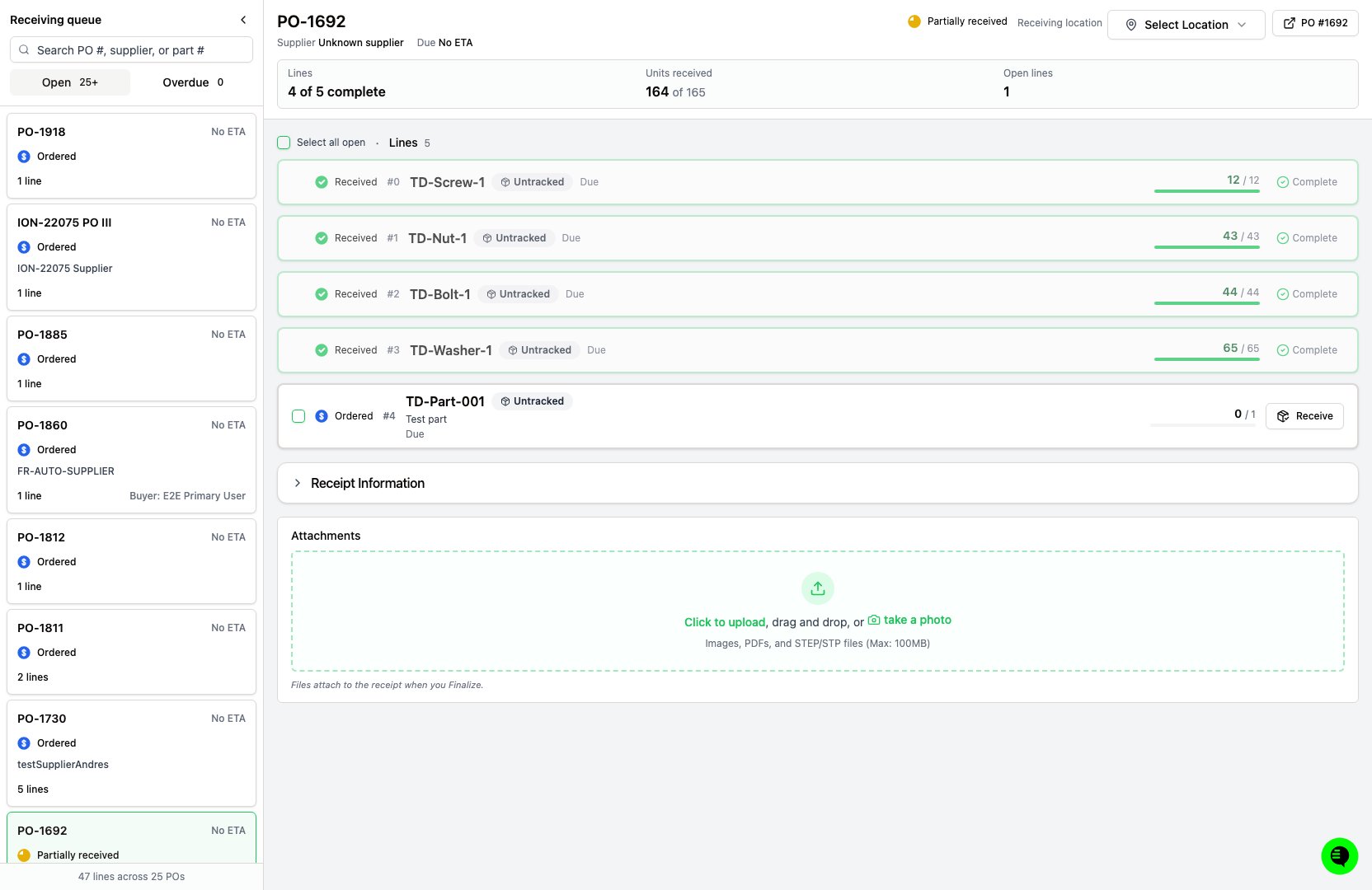 Receiving page showing the receivable purchase order queue and a selected partially received PO with the Receiving location control and five lines with completion progress