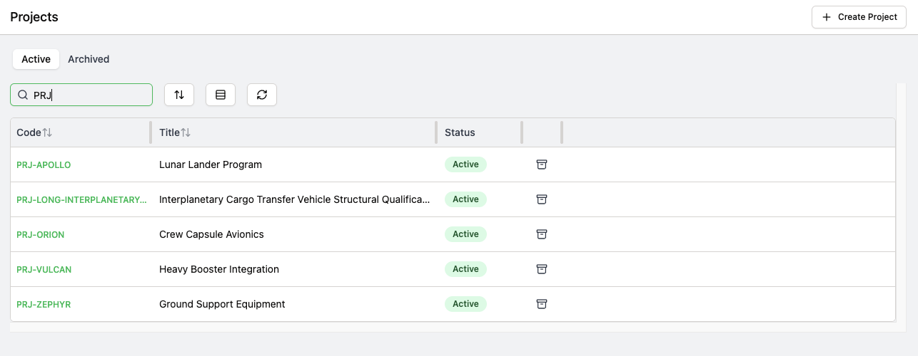 Projects settings page with Active and Archived tabs, a search box filtered to PRJ, and a table of project codes, titles, Active status badges, and archive icons, plus a Create Project button