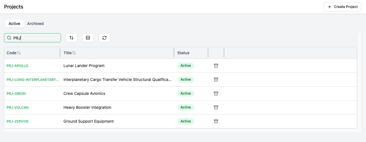 Projects settings page with Active and Archived tabs, a search box filtered to PRJ, and a table of project codes, titles, Active status badges, and archive icons, plus a Create Project button