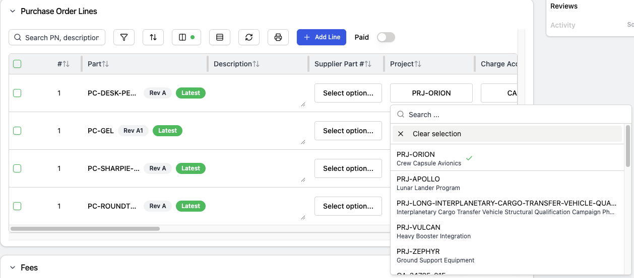 Purchase Order Lines table with Project and Charge Account columns, and the Project picker open on the first line showing a search box, Clear selection, and projects listed by code with their titles