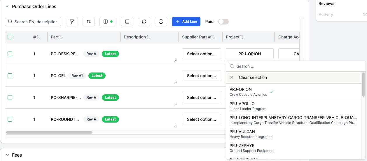 Purchase Order Lines table with Project and Charge Account columns, and the Project picker open on the first line showing a search box, Clear selection, and projects listed by code with their titles