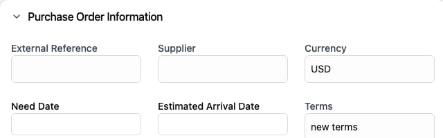 Purchase Order Information section showing the External Reference field alongside Supplier and Currency