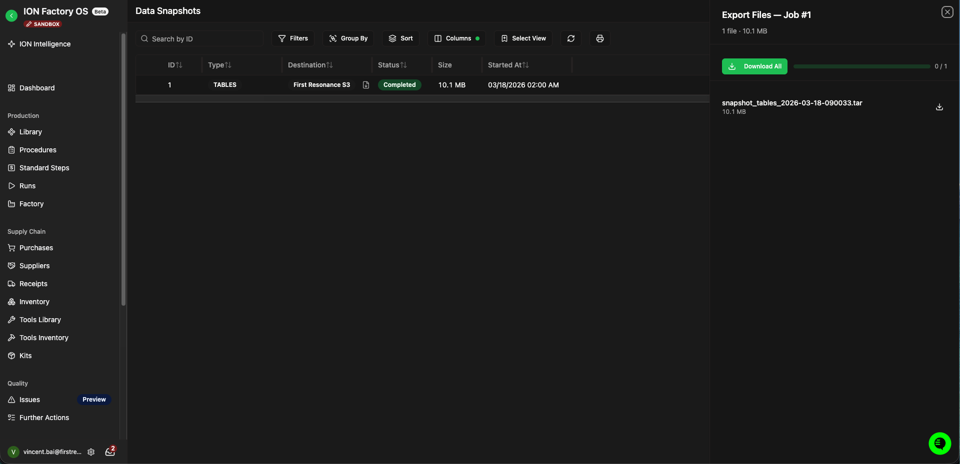 Data snapshots page with the download panel for a completed snapshot.