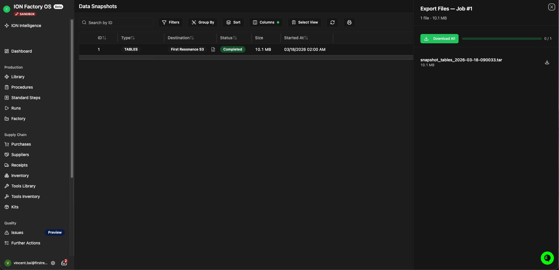 Data snapshots page with the download panel for a completed snapshot.