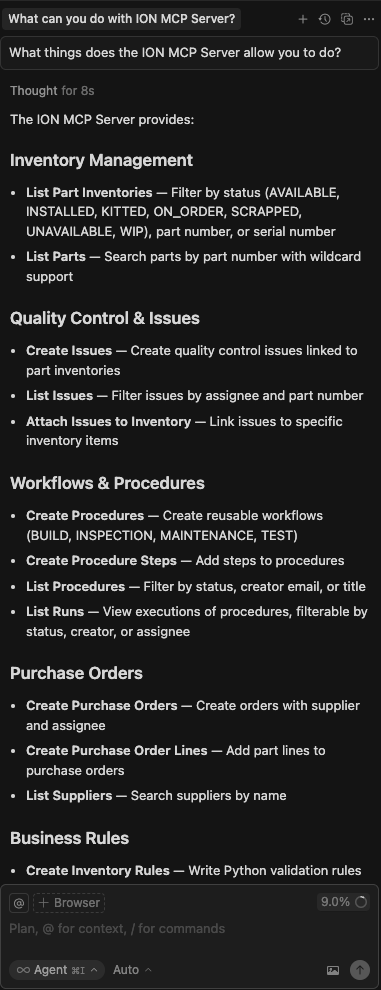 Cursor Tools and MCP settings with the ION MCP server configured