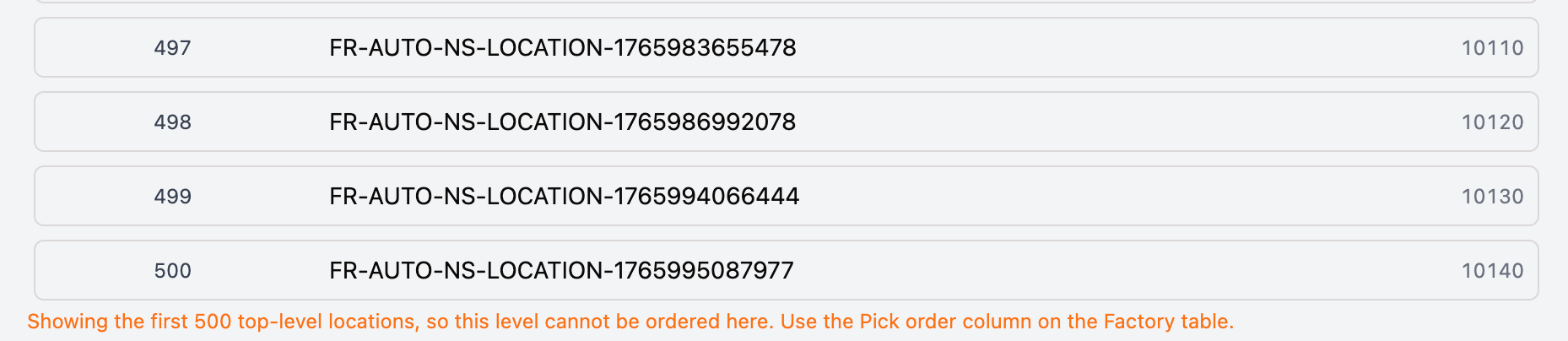 The last rows of a long top level on the Pick order page, followed by the message: Showing the first 500 top-level locations, so this level cannot be ordered here. Use the Pick order column on the Factory table.