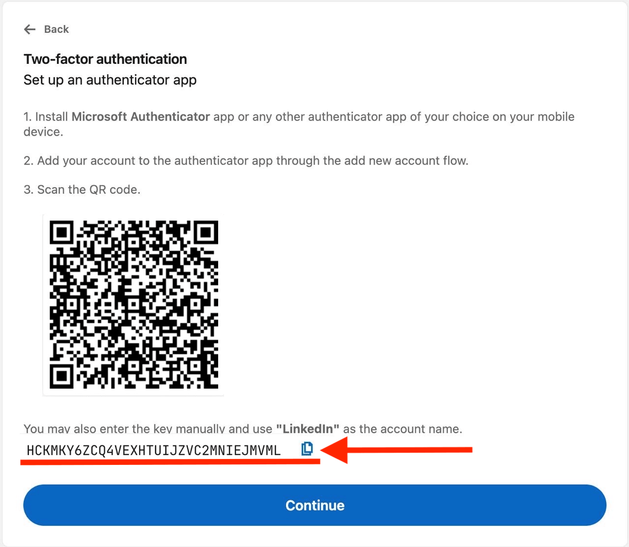 LinkedIn two-step verification setup screen with a QR code and a red arrow highlighting the copy icon beside the secret key beneath it.