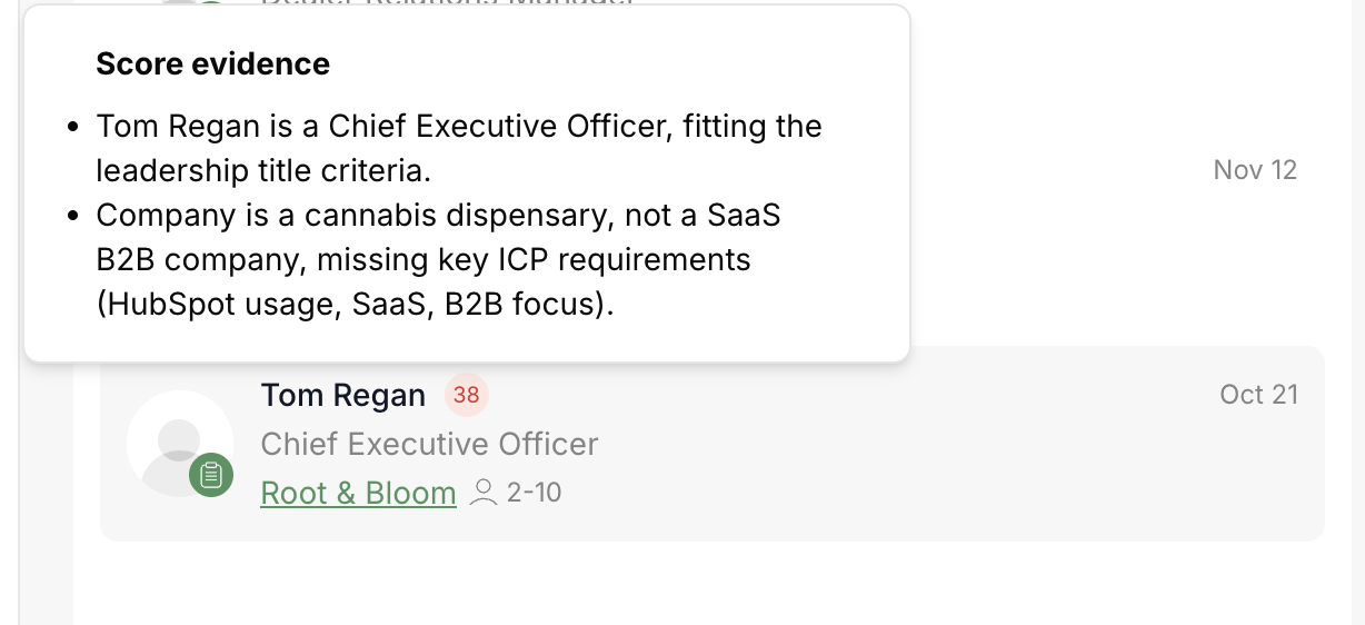 First Touch Score Evidence Example showing a score of 38 and rejection reasons