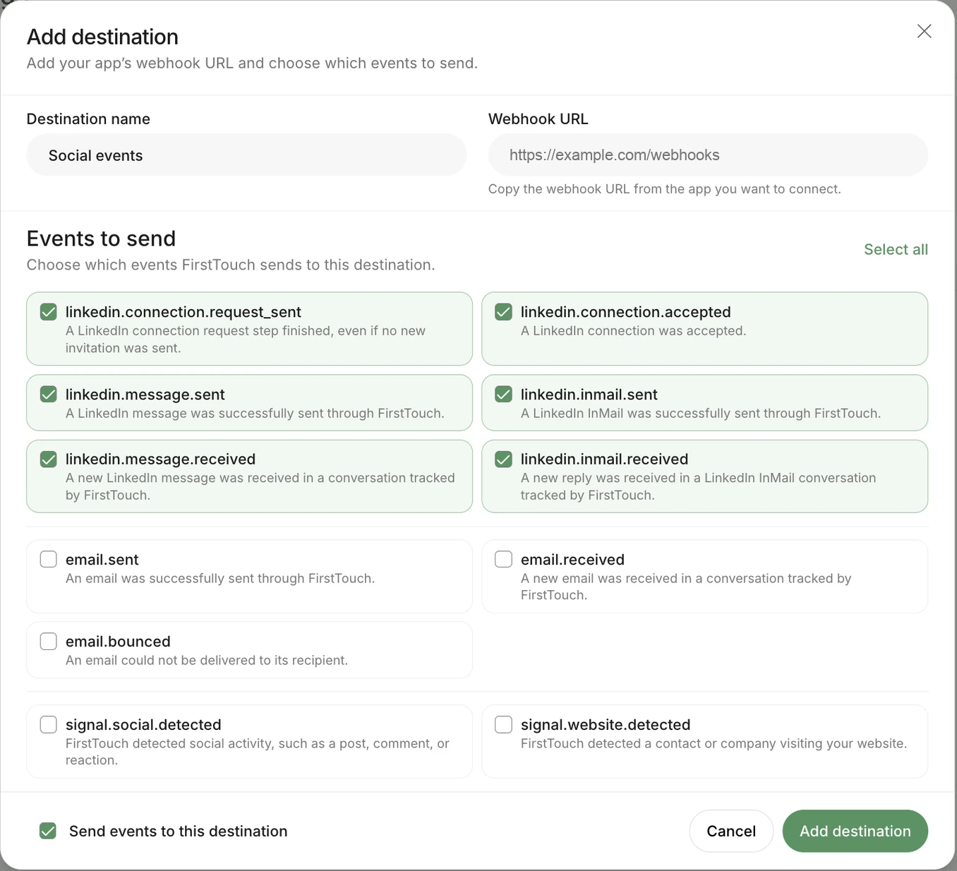 Add destination form named Social events with an example HTTPS URL, six LinkedIn event checkboxes selected, and Send events to this destination enabled.