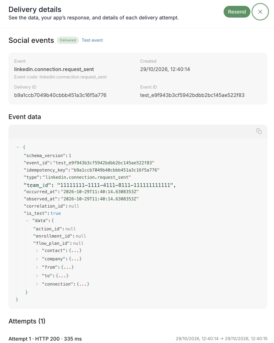 Delivery details drawer for a synthetic linkedin.connection.request_sent event, showing Delivered, event and delivery IDs, event data, Resend, and Attempt 1 with HTTP 200.