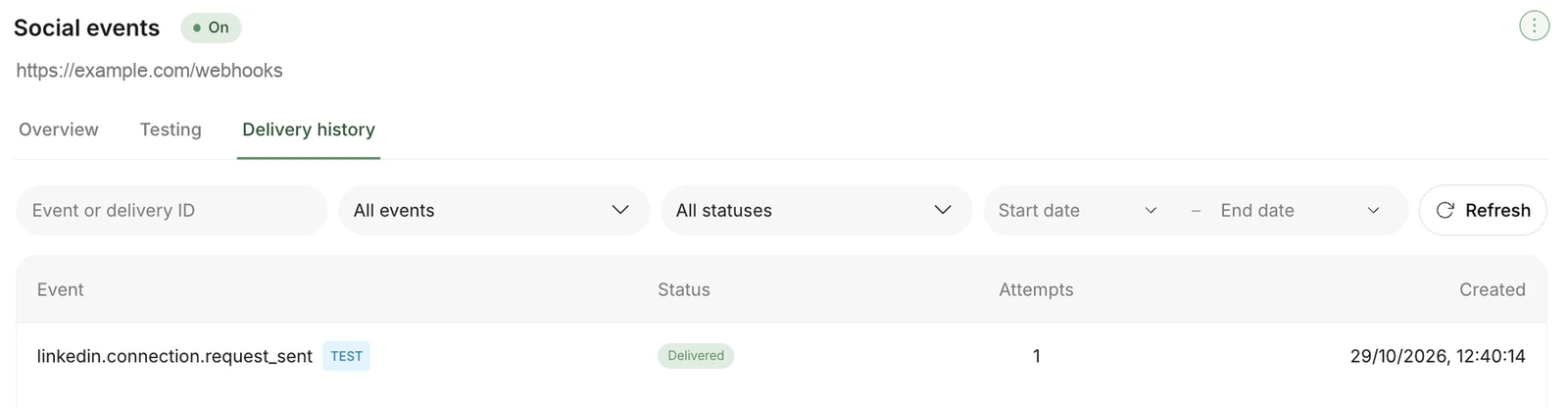 Destination Delivery history with event, status, and date filters, a Refresh button, and one TEST delivery marked Delivered with one attempt.