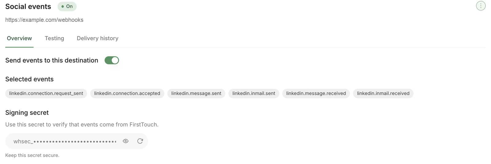 Social events destination Overview with the send-events switch on, six selected event types, and a masked signing secret with reveal and rotation icons.