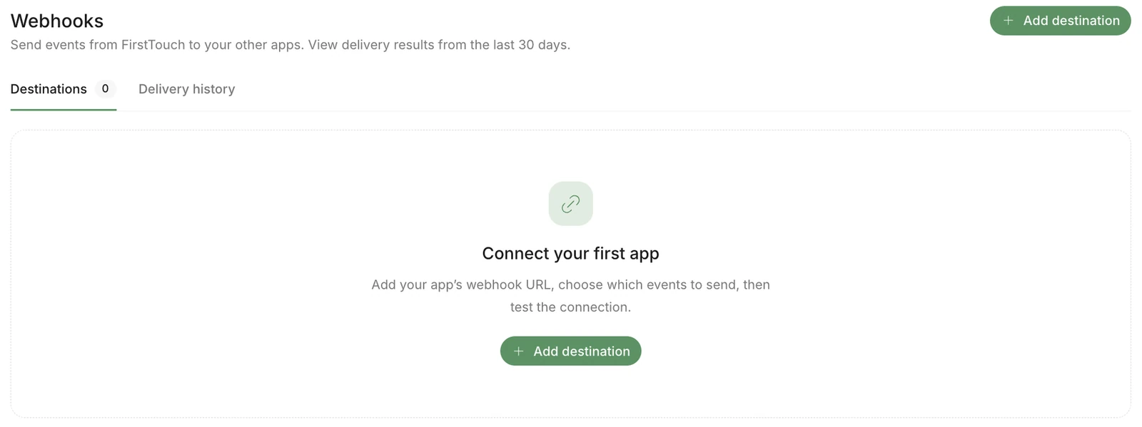 Empty Webhooks Destinations tab with Add destination buttons in the header and Connect your first app panel.