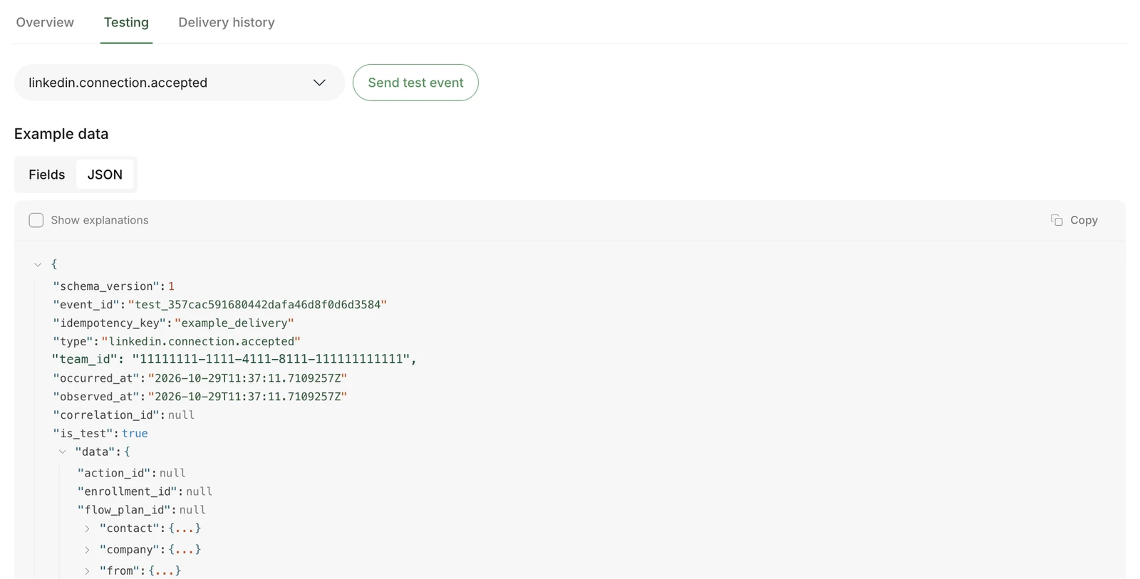 Testing tab with linkedin.connection.accepted selected, Send test event, and the JSON example view showing a synthetic event with is_test set to true.