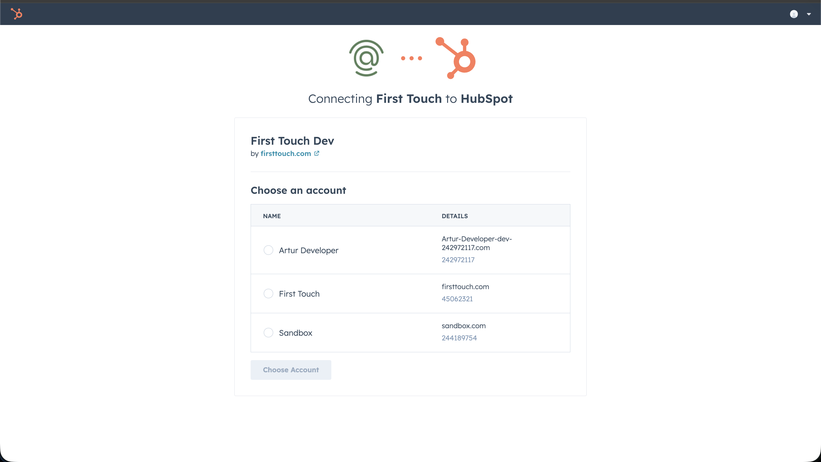 HubSpot OAuth Screen
