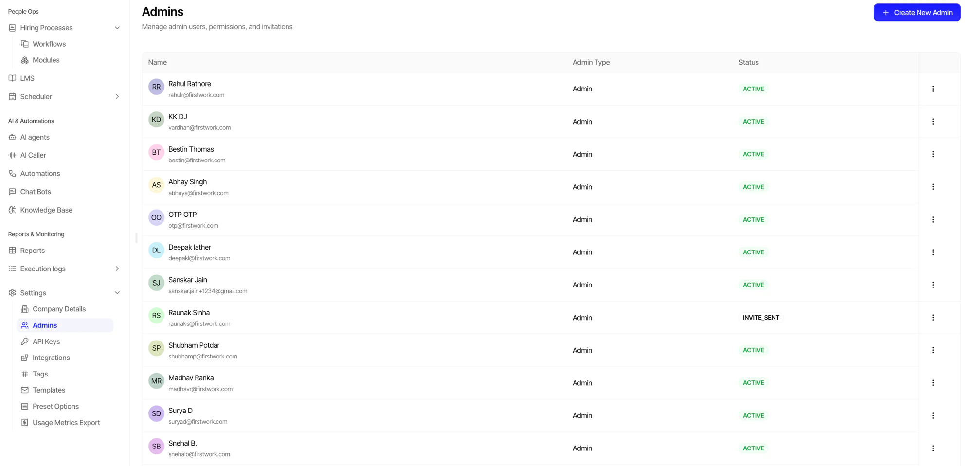 Admins management page showing admin users, their roles, and status