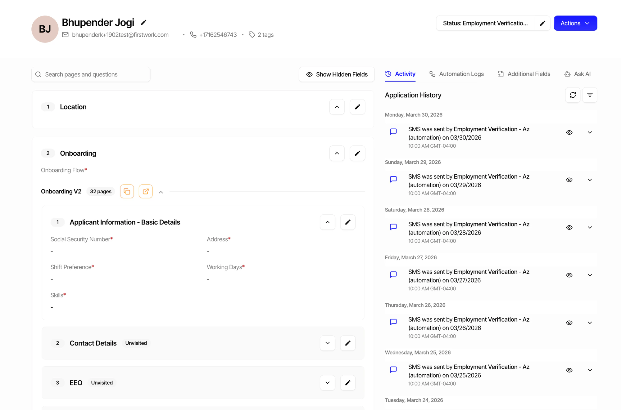 Application detail view showing form data, activity history, and actions