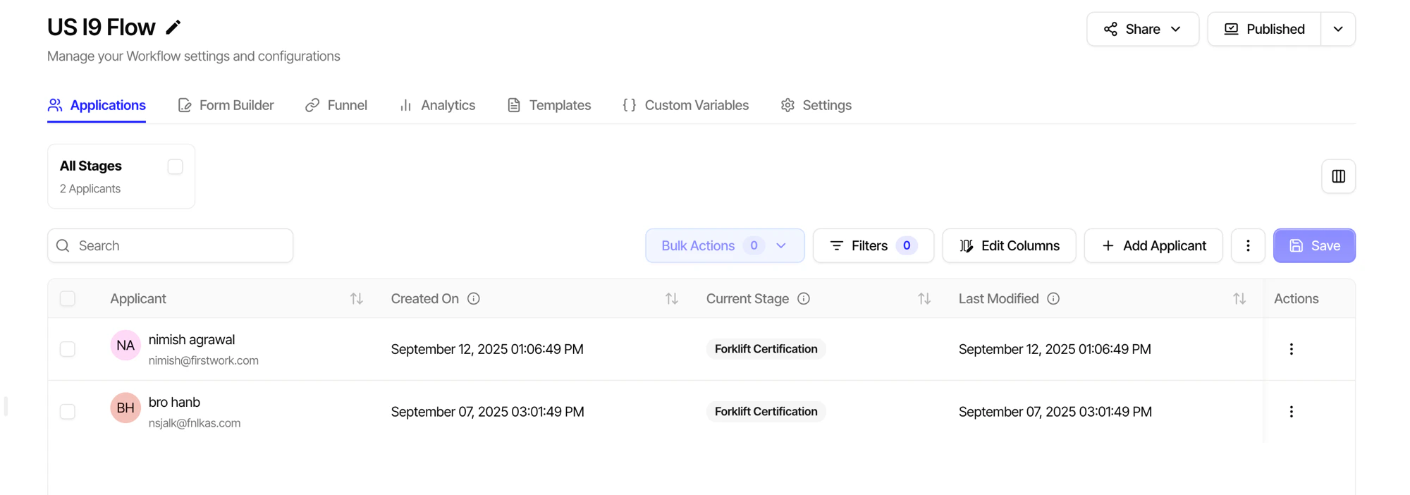 Applications list view showing applicants, stages, and bulk actions