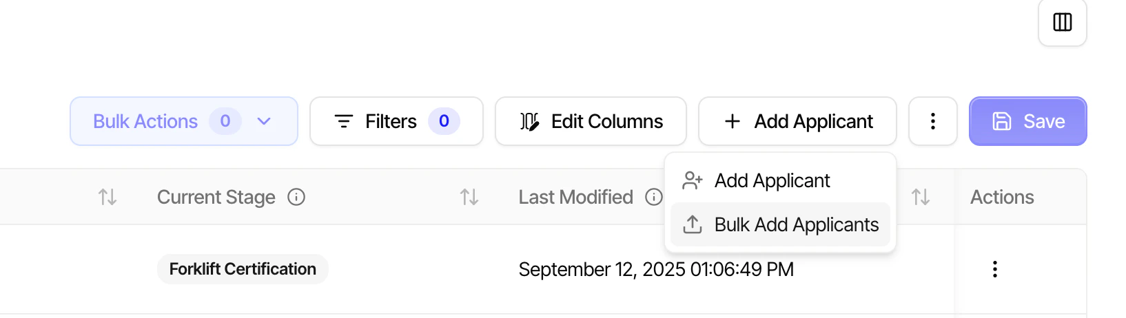 Add Applicant dropdown showing Bulk Add Applicants option
