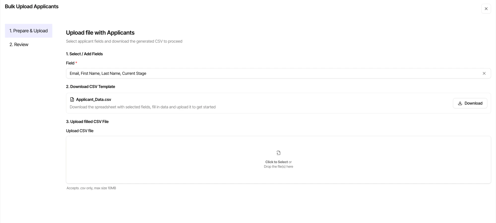 Bulk Upload Applicants dialog with field selection, CSV template download, and file upload