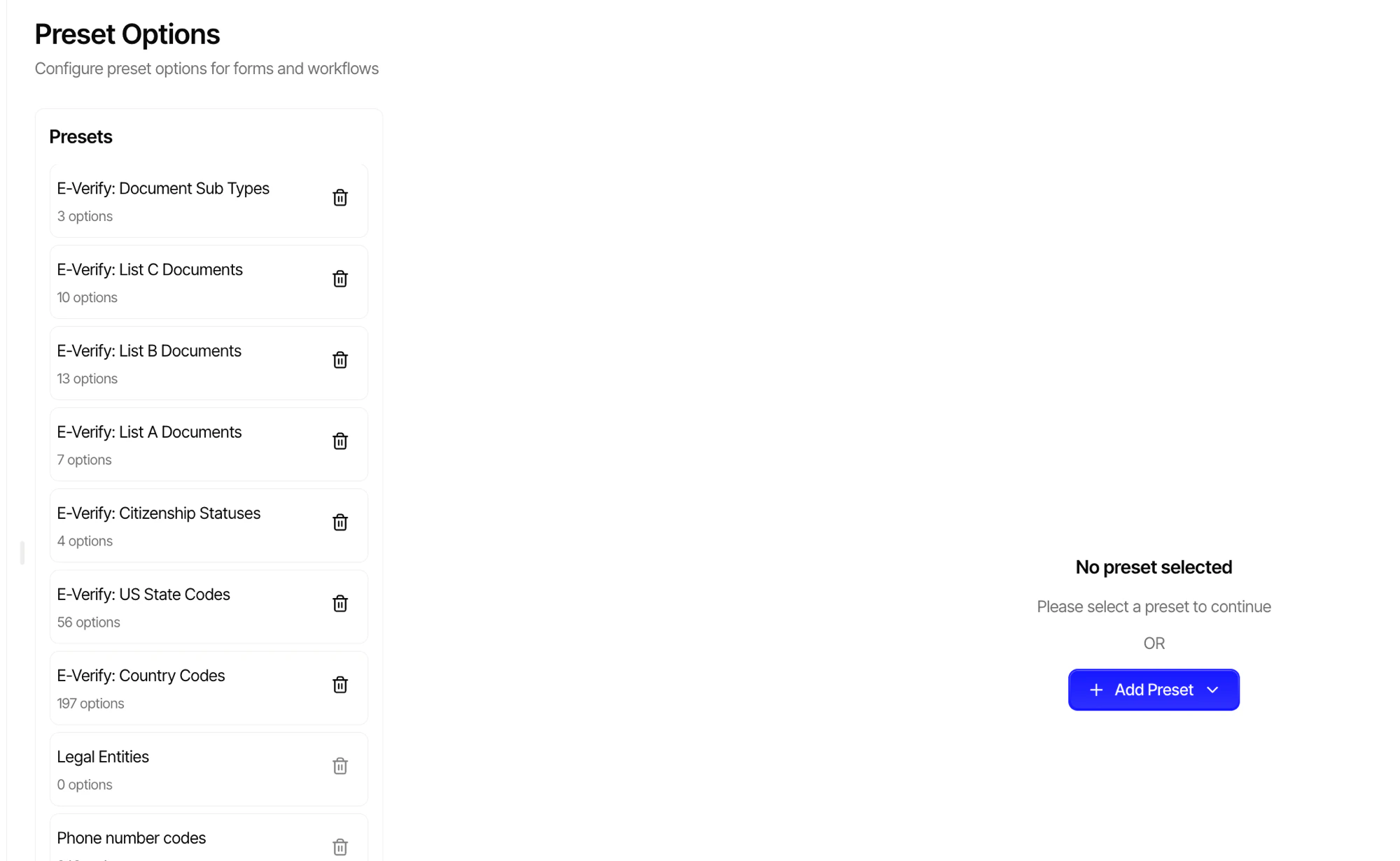 Preset Options management page showing reusable option lists