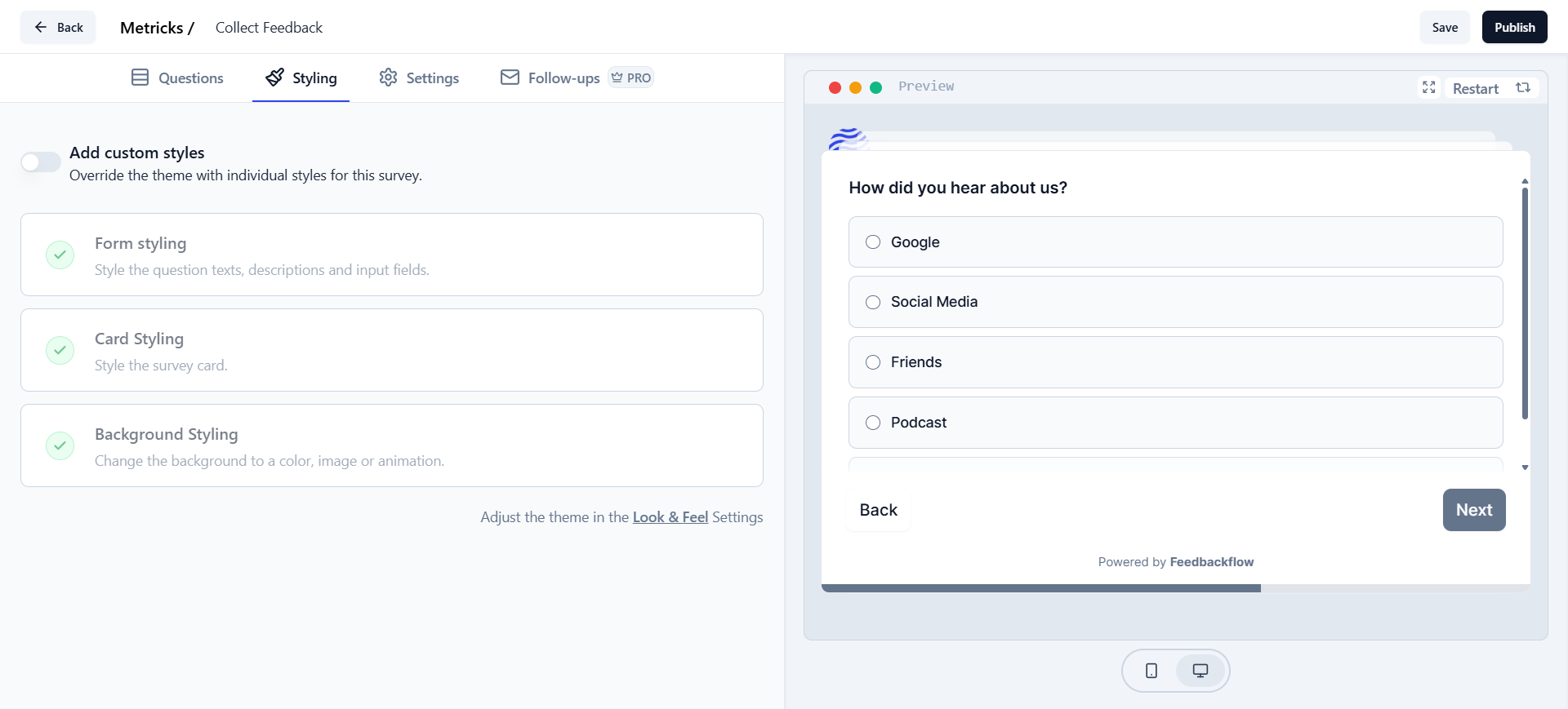 Styling tab in survey editor