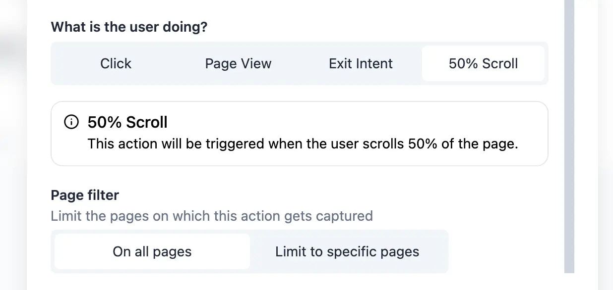 Add 50% scroll action to open source in app survey
